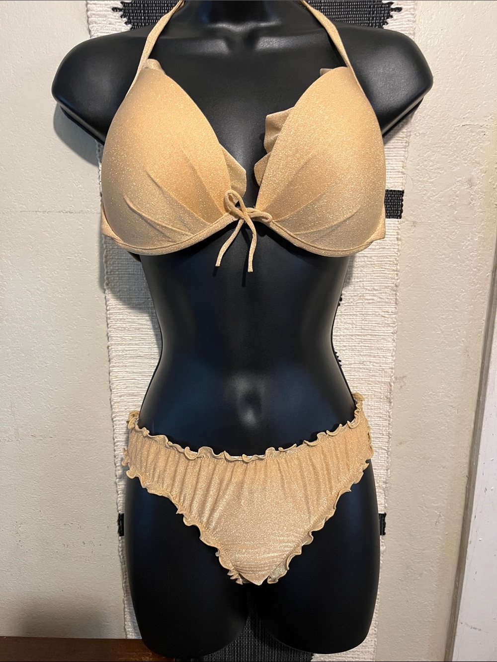 Victoria Secret Gold Shimmer bikini with underwire top and ruched bottoms